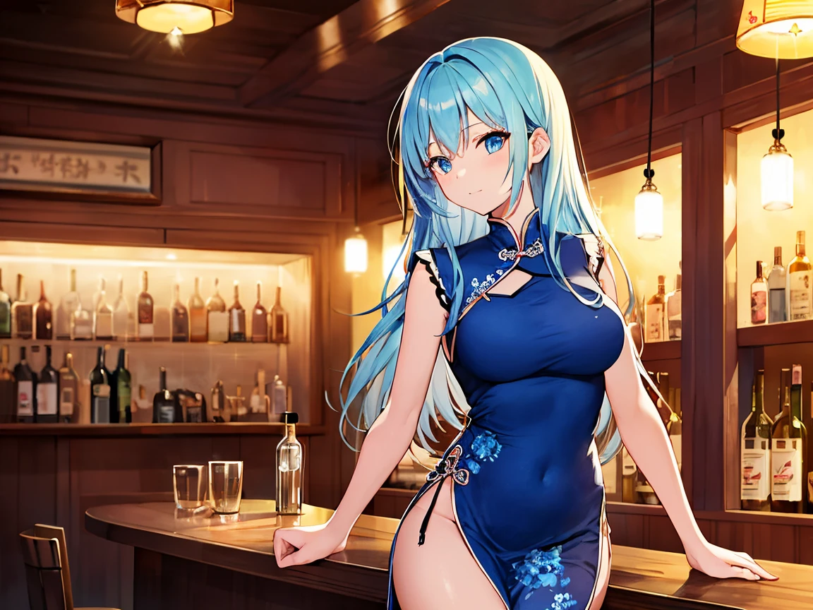 Anime, female, light blue hairs, yellow eyes, long hair, ponytail, massive boobs, long dress, thigh, bare shoulder, collarbone, sitting, looking at viewer, in building,