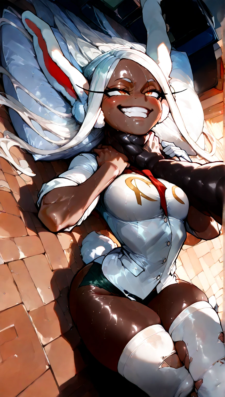 Best quality, solo mature woman, giant breasts, giant ass, very curvy, dark skin, Snow White hair, sunny yellow eyes, full lips, seductive, sly smile, bandages around breasts, red loin cloth, red oni horns, tattoos, thick thighs, curvy physique