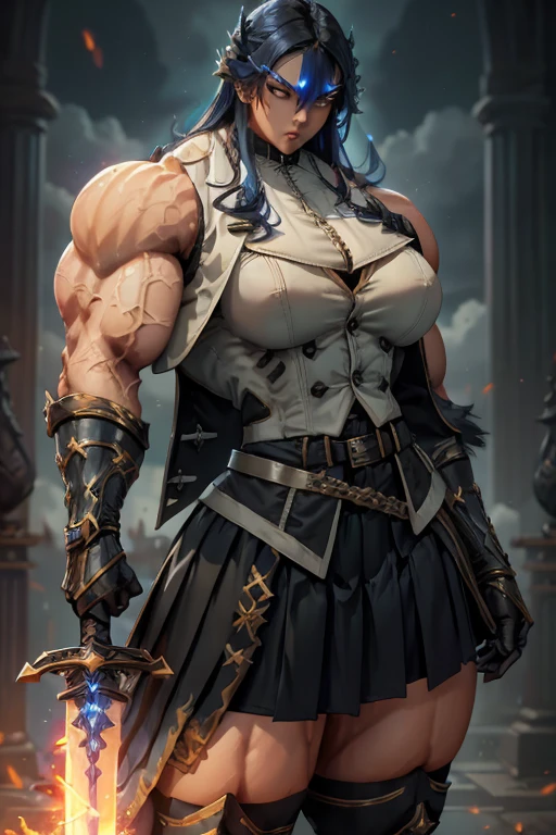 ((((Massive, tall, beautiful, buff, pale white skinned muscular female knight with violet purple hair, black lipstick, ginormous bulky muscles, holding duel swords and wearing an all red gleaming knight armor with hauberk and pants)))), (close view), black eyeliner, massive muscles, massive biceps, hyper muscle triceps, (long hair with long bangs), black eyes, knight boots, In a castle, hauberk, steel knight armor, armor breastplate, nighttime, confident smile, (hyper muscles arms), hyper muscle legs, (ginormous arms)