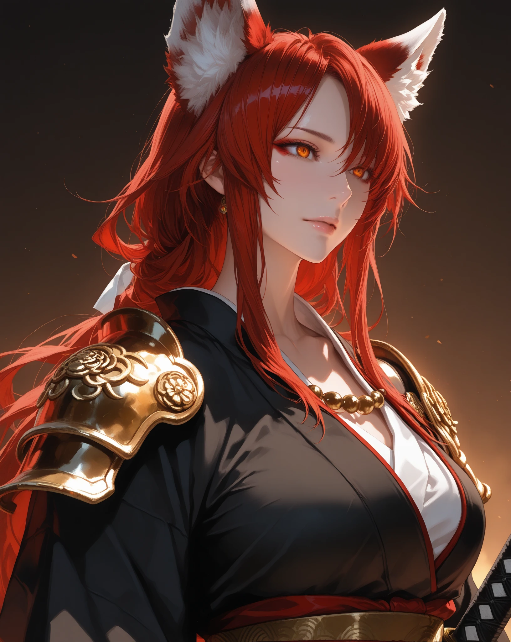 18 year old Japanese looking woman with long straight red hair and an eye patch dressed as a samurai in black armor with green highlighting her breasts, She is sitting cross-legged at a table with a Japanese bar background and there is a beer on the table., gran profundidad fotografia de cuerpo completo
