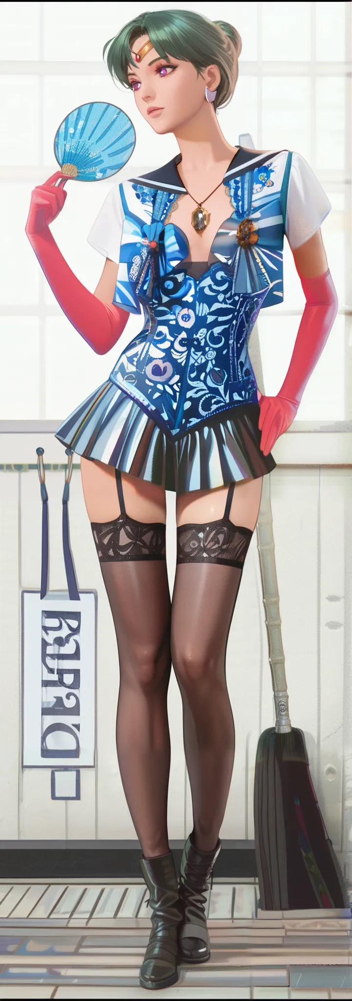 (masterpiece:1.5),(best quality, highest quality:1.2),ultra intricate detail, Beautiful 1girl,Great style, realistic, (High heels:1.2), Patterned stockings, Small earrings,necklace,(Red and black one-piece((High heels,Patterned stockings))),((Leaning against a wall)),Black rubber gloves,Realistic photo,(Medium cut hair),Stand at an angle,(Eyes warp)、(Grin),(smug face)