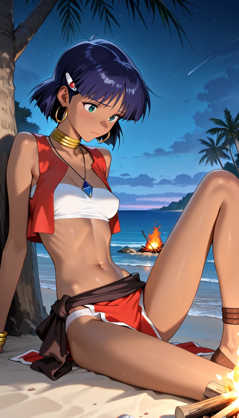 (masterpiece, highest quality;1.3), very detailed, 1 girl, alone, fine skin, looking at the viewer, black skin, smile, dark purple hair, hungry, nadia, cowboy shot, white bandeau swimsuit, red vest,Gold collar, Necklace with large light blue gemstones,sitting,