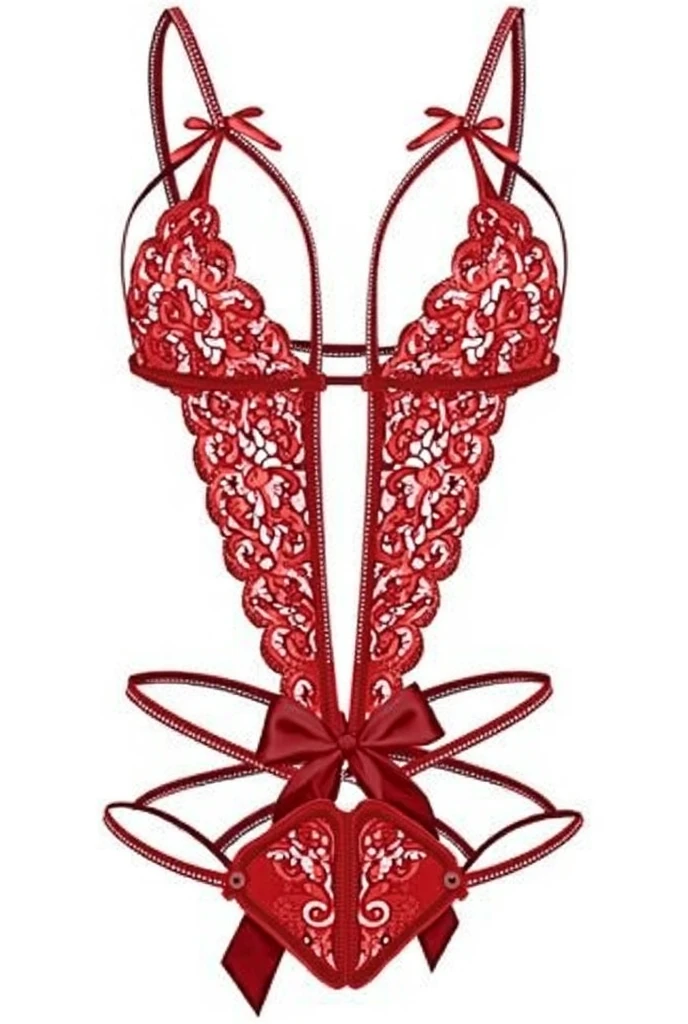 a woman in a red and white lingersuit with a nurse hat, harness, body harness, lingerie, harnesses, laced lingerie, harnesses and garters, monokini, honey birdette, bodysuit, wavy lingeries, very sexy devil outfit, red body suit, red bikini, red and white, sling bikini, lingeries beauty, pink body harness