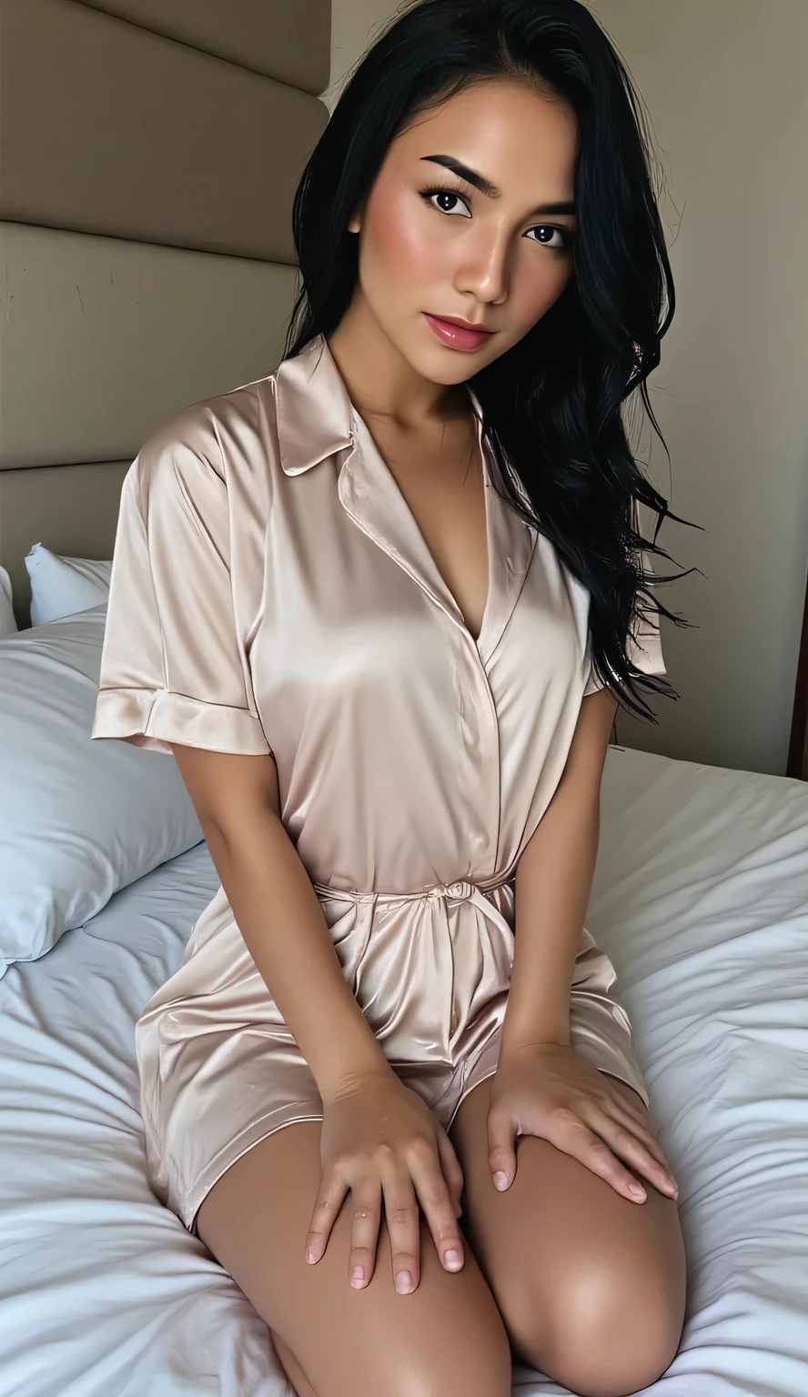 ((Night view, realistic light, best quality, 8k, masterpiece: 1.3)), 1girl, busty pretty woman with slim figure: (short brown hair: 1.3), ,full body, super detailed face, detailed eyes, double eyelids, very realistic , Lens 1.8, sitting in chair,smiles , long legs, bokeh , pajamas mix colors, bend hand, bend knee,