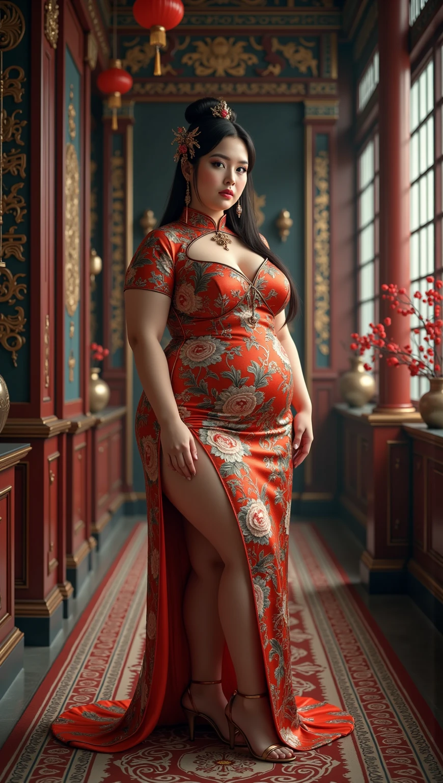 Create an Asian beauty,White skin,Cute large breasts and buttocks,Proud figure,High-necked black printed short-sleeved traditional qipao,Scratching the scalp with both hands,There is a lot of dandruff on the top of the head,White fine dandruff on the top of the head,Fierce and unhappy expression,The characters are realistic and realistic,Antique garden background,9:16 frames,Ultra-high-definition picture quality