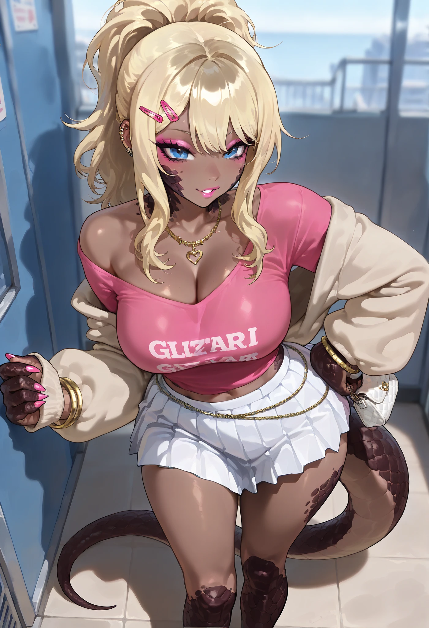 best quality, masterpiece \(quality\), year2024, year2023, 1girl, by riolutiny, solo, human, very dark skin, blonde ponytail hair, bangs, ((gyaru, pink makeup, blue eyes)), ((lizard tail, dark brown scales, face scales, lizard hands, lizard feet)), human lizard hybrid, standing, slutty_clothes, ((pink off shoulder T-shirt, long sleeves, white pleated skirt)), white purse, golden bracelets, golden necklace, hair pins, (gyaru:1.3)