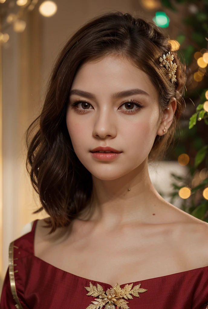 ((Night view, realistic light, best quality, 8k, masterpiece: 1.3)), 1girl, pretty woman with slim figure: (brown hair: 1.3), red dress, stand with bent leg, super detailed face, detailed eyes, double eyelids, very realistic