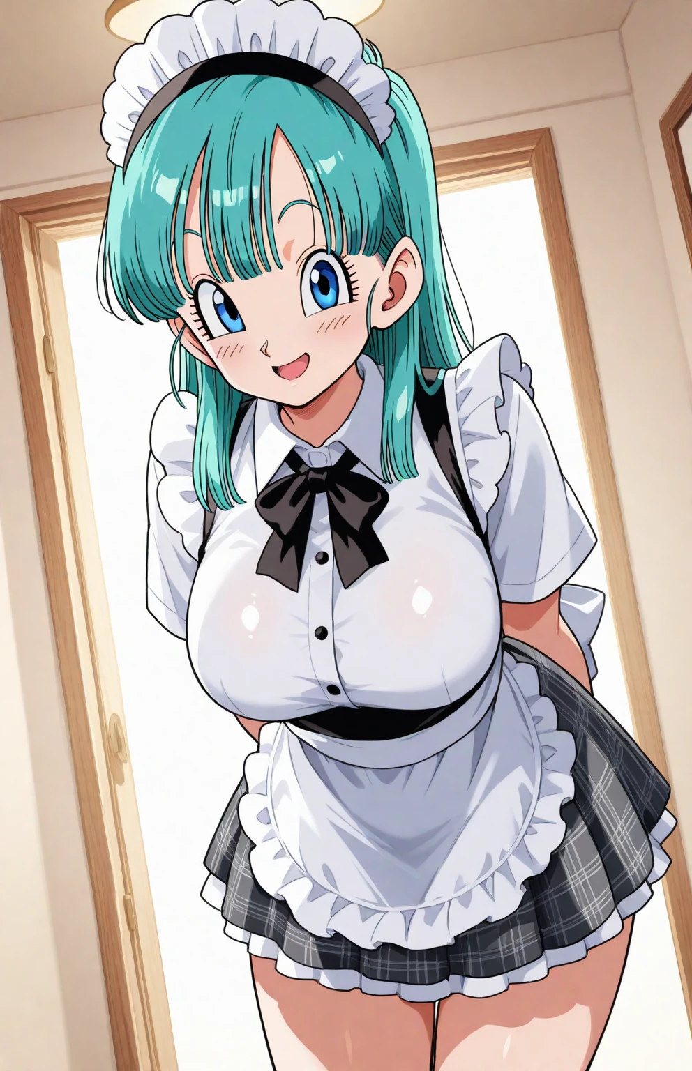 masterpiece, photoreal, high definition, slim waist, long legs, wet skin, huge ass, huge breasts, masterpiece, best quality, absurdres, perfect anatomy, 1girl, solo, lum, (1990s \(style\), green hair, long hair, smile, maid outfit, white thigh highs, on bed, covered in cum, wet skin, cum drip, bukkake, breast milk, cum on face, cum on tits, open mouth