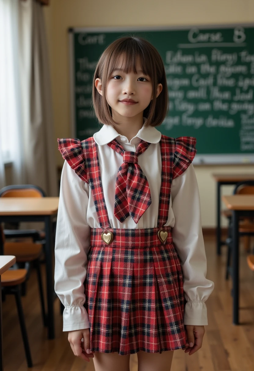 little young girl.................,, in front of the school、Connect to skirt with suspenders、White shirt with long sleeves、Plaid skirt , nice and cute, Innocent smile, , Lovely smile 、 with short bob、Pose cutely , 8 year old , big breasts , red knot , red bow , twin tails hair , waistband of skirt is at the point above chest
