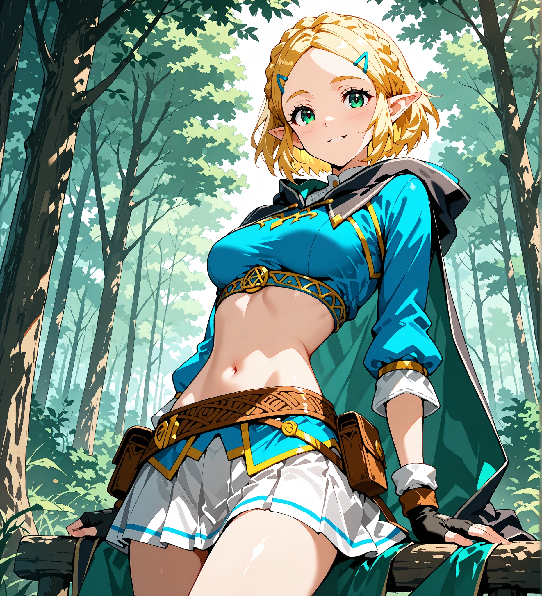 A woman elf with fair skin and short blonde hair. She have green eyes and wear the clothes of a medieval noblewoman. Holding a claymore