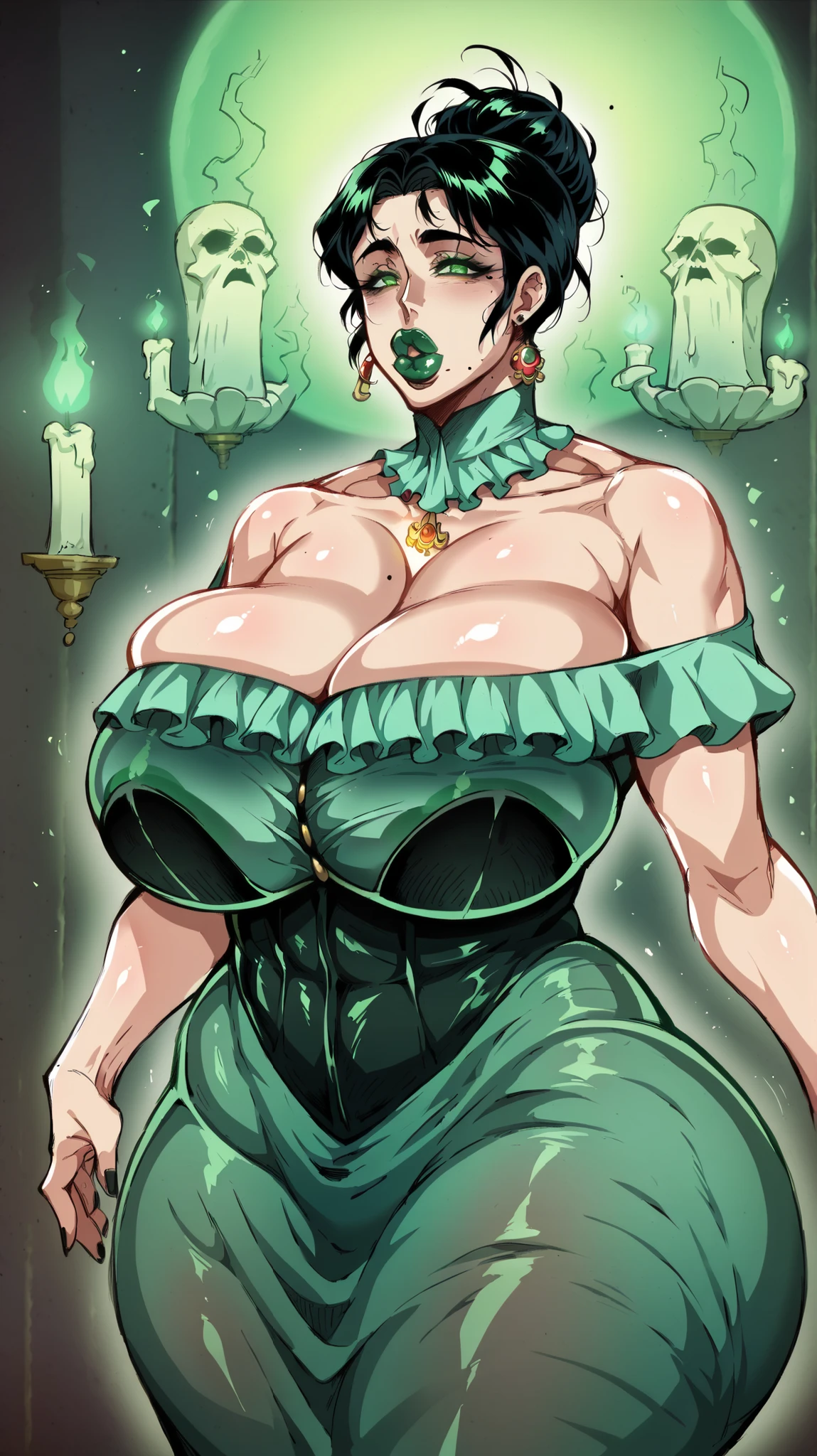 (Masterpiece), Best Quality, ultra-detailed, 1girl ( anosillus II, Slender and sexy body, Big and pretty breasts, dark green hair, brown eyes, half-closed eyes, spectacles), a shallow face, smirk, parted lips, solo, nose blush, blush, facing viewer, looking at viewer, off shoulder dress, ornate dress, cleavage, bows, long dress, in the livingroom, night time, standing, Sexy waist teasing,