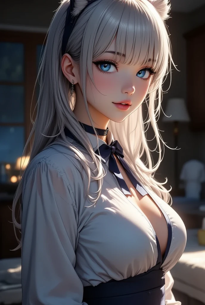 best qualtiy,超高分辨率,1girl,White nightdress,Black collar,adolable,It looks like in front of the audience,facing the front there,big breasts exposed cleavage