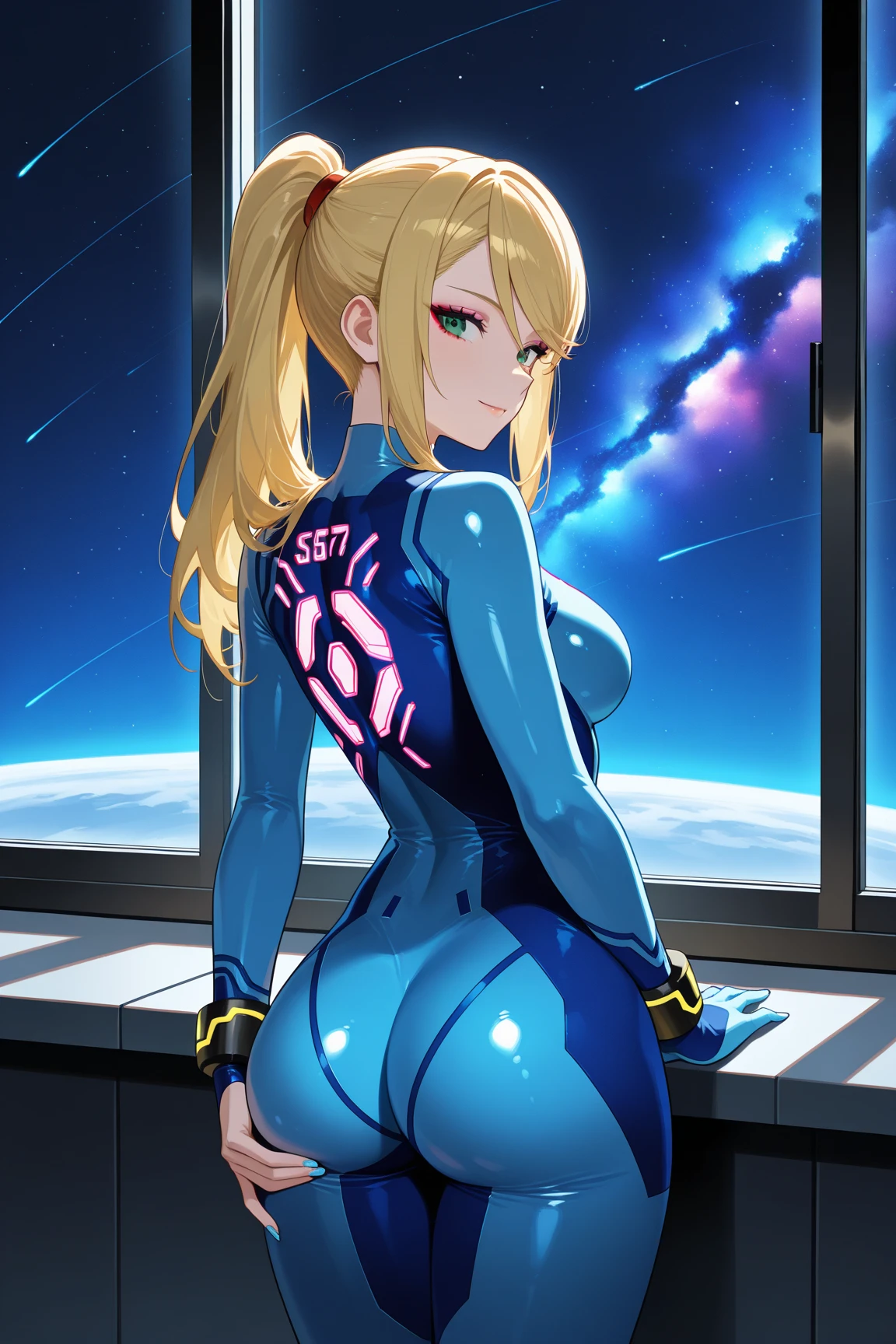 masterpiece, best quality, samus aran, ponytail, blonde hair, hair tie, blue bodysuit, upper body, looking at viewer, furrowed brow, arms at sides, from behind, looking at viewer, space station, interior of a space station, space