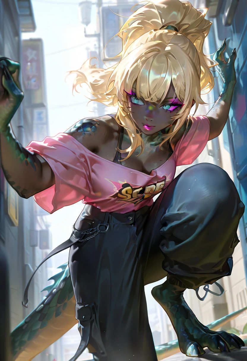 1boy,solo,colorful,yellow eyes,cyberpunk,city,peace sign,earrings,purple hair,eye patche,freckles,prothesis,mechanic,neon,beautiful lighting,purple reflection,cap,smoking,character focus,cg illustration,bust shot,yellow and black outfit,brown hair, tomboy, makeup , long boots , heels, gatner belt, short top, sockings, model pose, open mouth , ahegao , tongue drop, bending , lying on knees on floor, dansing club toilet
