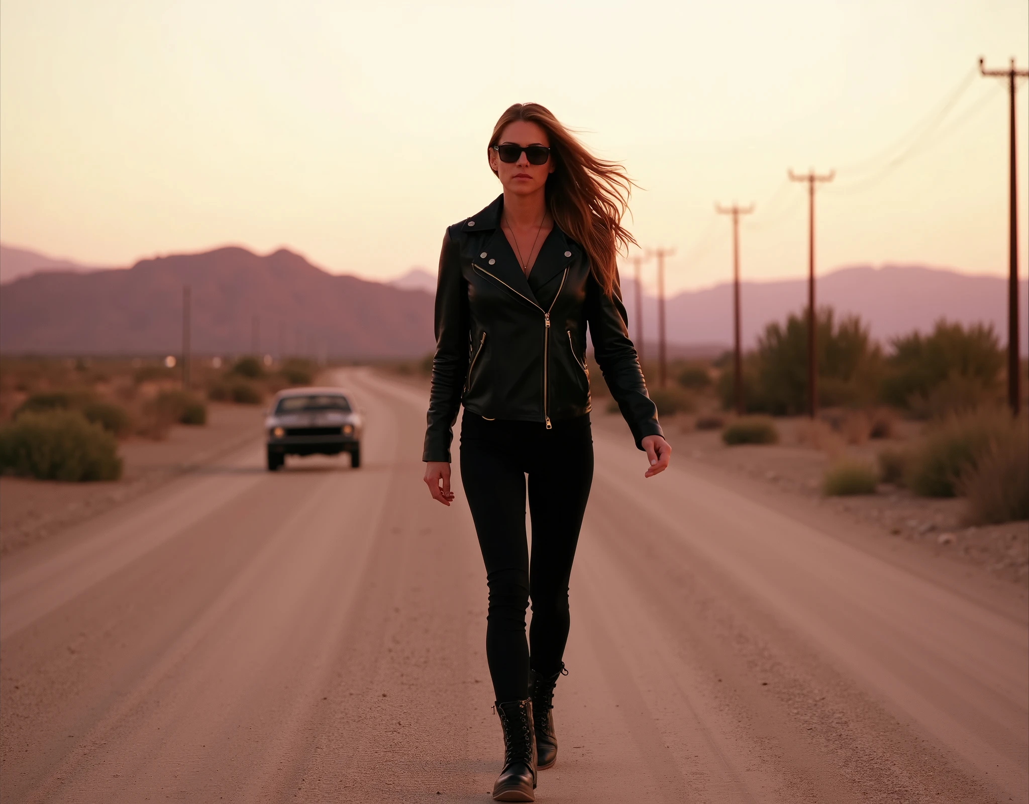 cinematic desert road at sunset, wide shot with deep perspective, soft pink sky, distant mountains, power lines along the roadside, a tough-looking woman walking toward the viewer on the dusty roadside, wearing black leather biker jacket, combat boots, dark sunglasses, confident stride, long wind-blown hair, realistic lighting and shadows, dramatic mood, muscle car far behind her slightly blurred, broken down, background subtly out of focus, warm tones, natural sunlight, desert plants and rocks along the road, film-style realism