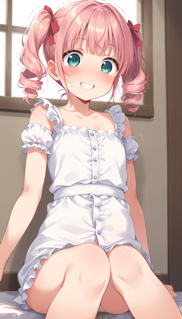 (young girl ,short stature,gyaru) ,flat chest,nsfw,big head, rotund. wedgie one-piece-swimsuit,, smiling.pussy,nipple