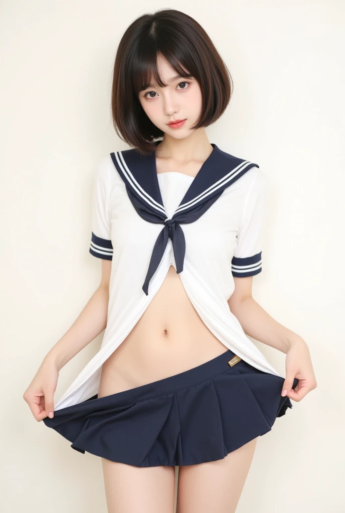 ((top-quality、8K、masterpiece:1.3))、1人、Slender Abs、sofas、hyperdetailed face、A detailed eye、二重まぶた、straight flat chest、tiny chest、small tits、neat college girl、short-hair、Straight bob hair、Shorthair with bangs、Schoolgirl Uniform、Panties are visible、a 20 yo woman、A light white shirt that fits snugly、Navy blue ribbon at the collar、Dark blue pleated micro mini、Sexy、Peek at the viewer、Beautiful graphics、Bright school building with strong sunlight、Show me your whole body、sitted、Crouching、Plump panties、White Sox、White silk panties from the skirt are always visible、The shirt is soaked and shows through..、Lift the hem of the skirt with both hands、Showing white panties、depth of fields、Bokeh in the background、A wistful look、Embarrassed look、Cute like an entertainer