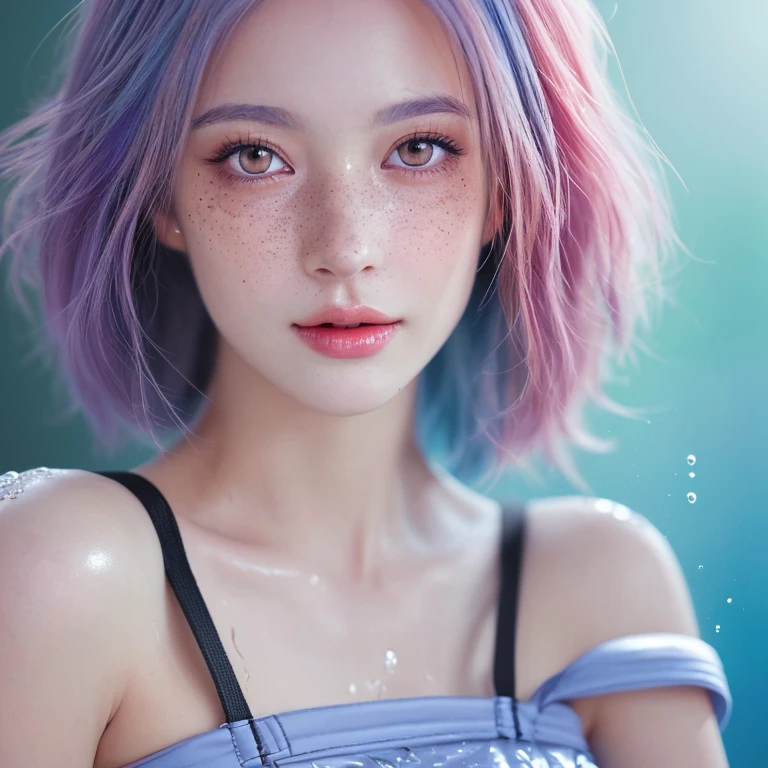 ((ultra-fine)),((bright eyes)), (meticulous eyes) , 8,000, Blink Blink, (Fake Freckles Makeup Artist), ((realistic skin on accumulated water)), ((Focus on the details of the two thin straps on the shoulder of the dress)) , ((Glossy Facial Skin)), Has colored hair and colored dress, RossDraws Soft Vitality, rossdraws cartoon vibrant, style anime 8,000, Beautiful Portrait, Art germs are colorful!!!, ! Dream Art, pretty anime girl, styled digital art, art wallpaper 8,000, digital art, extremely detailed artgerm style,