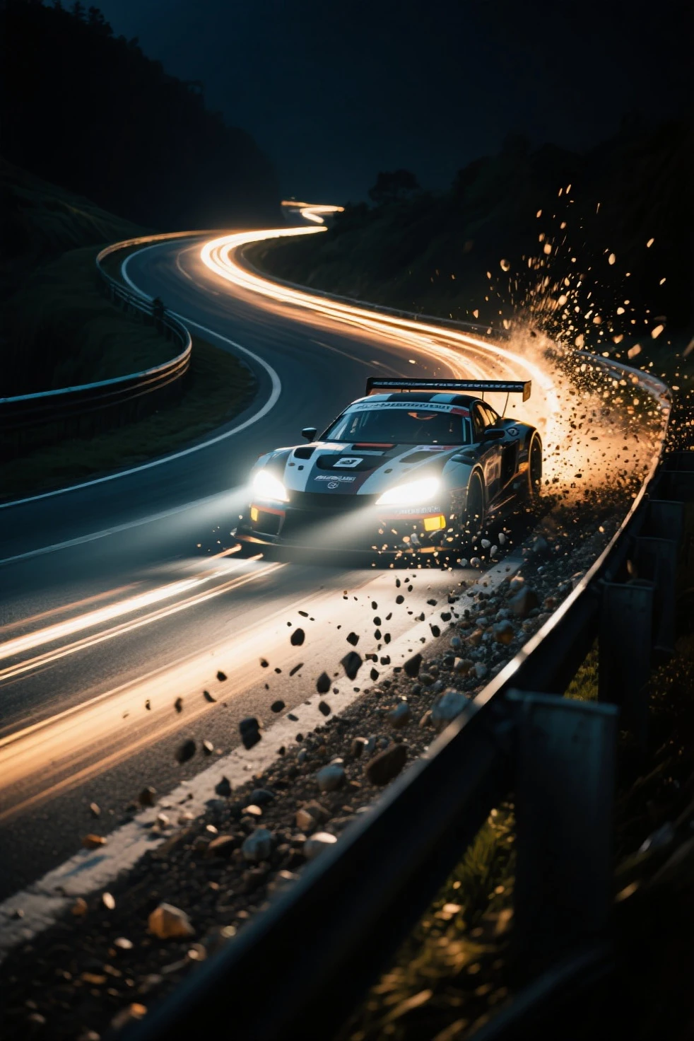 racer,lightpainting,Bullet time,Decisive Moment of Overtaking on Curves at Night,Small Grained Gravel Splatter。Headlight Trajectory,high speed,motionblur,Dynamic Movement and Energy,Original Unretouched Style,Ultra Realistic Masterpiece,Original photos,32K,HighDynamicRange。