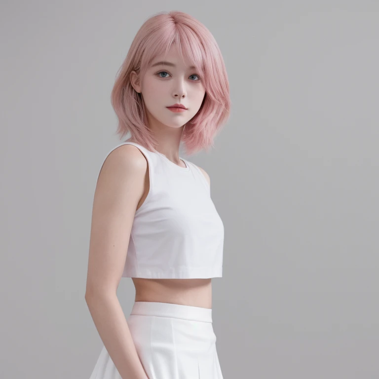 A girl, upper body, pink hair, white skirt