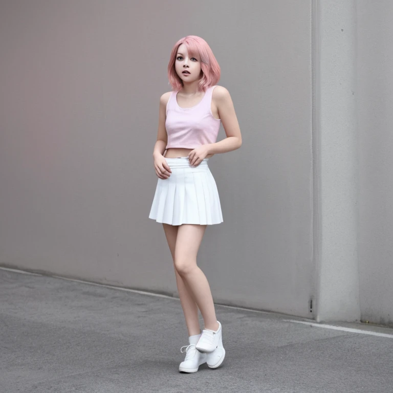 A girl, full body, pink hair, white skirt