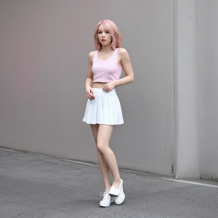 A girl, full body, pink hair, white skirt