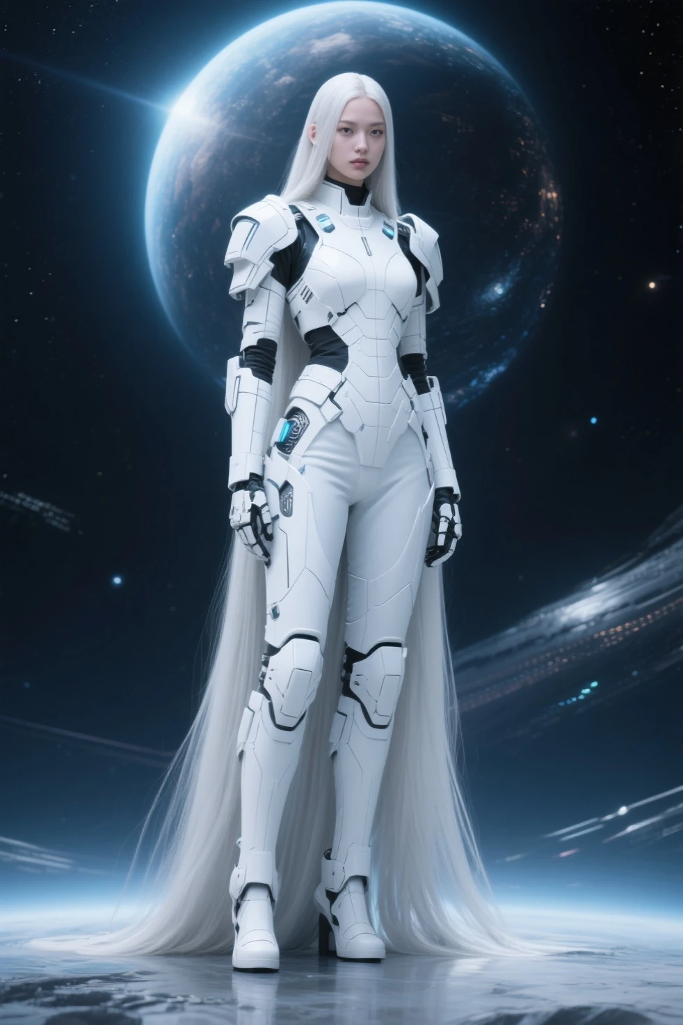 A beautiful young woman, kosmos,Very_long_the hair, 1girl, kosmos, alone, white_armour,best quality, Ultra High Resolution,tokyo fashion,