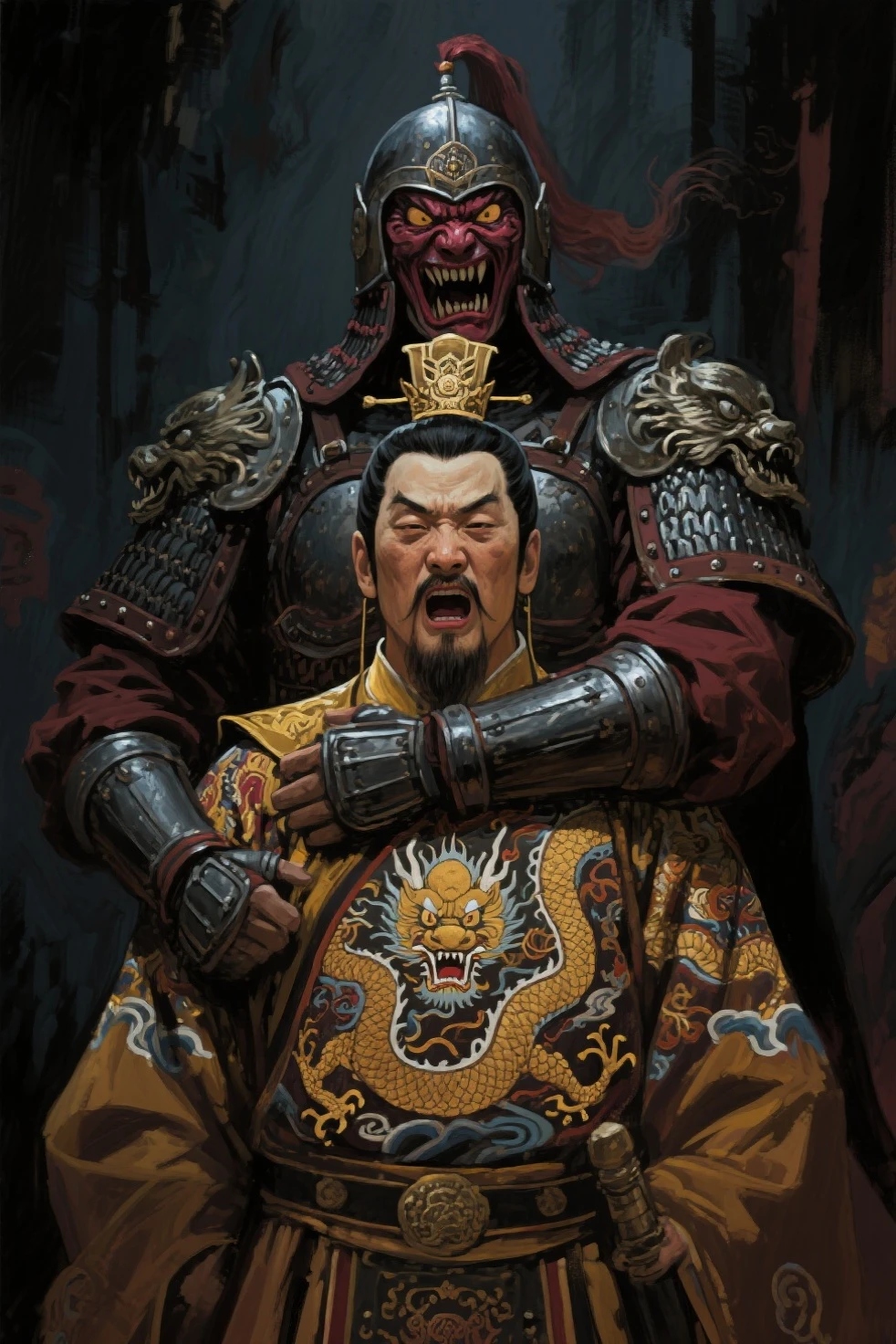 A bodyguard guarded the emperor,Exaggerated painting style,smilling face