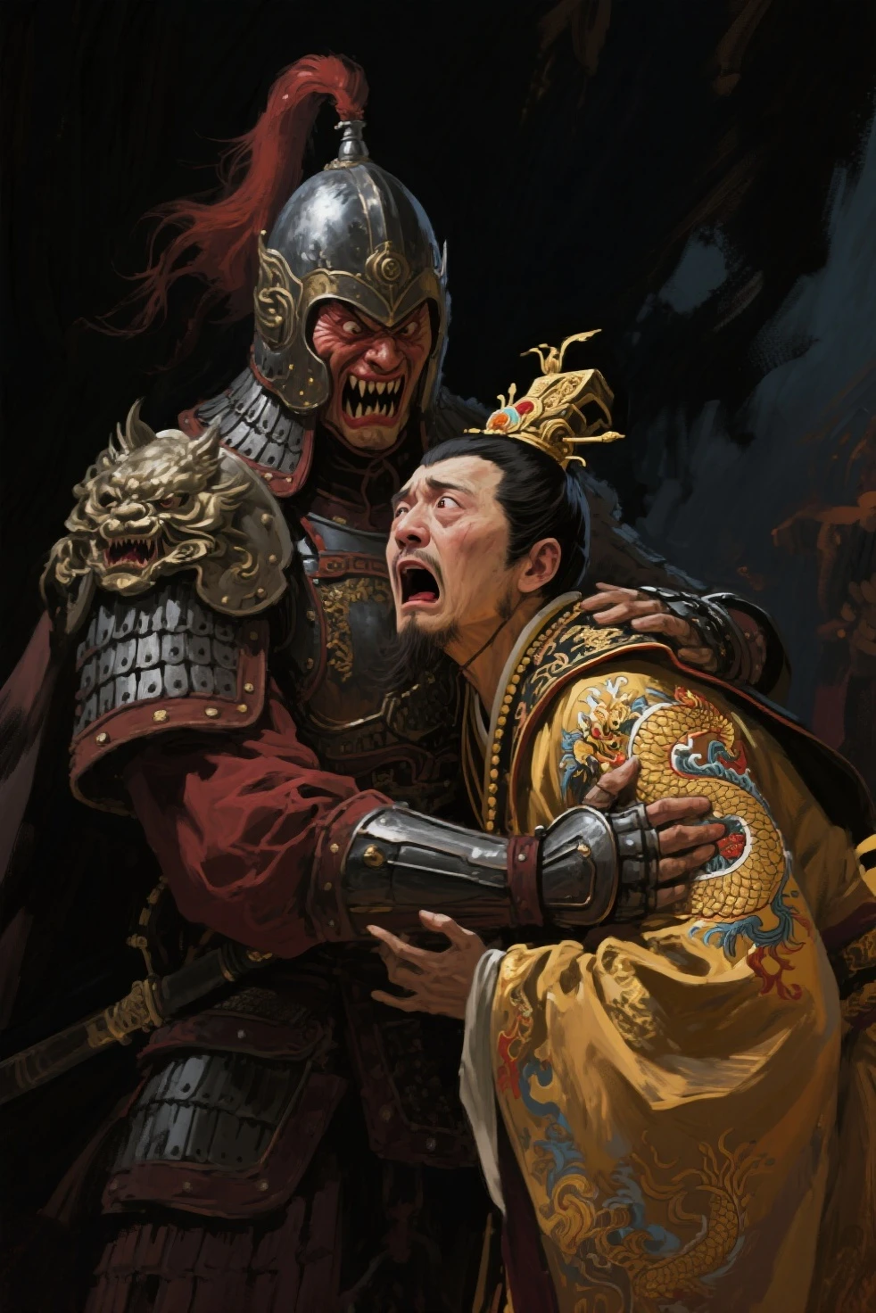 A bodyguard guarded the emperor,Exaggerated painting style,smilling face