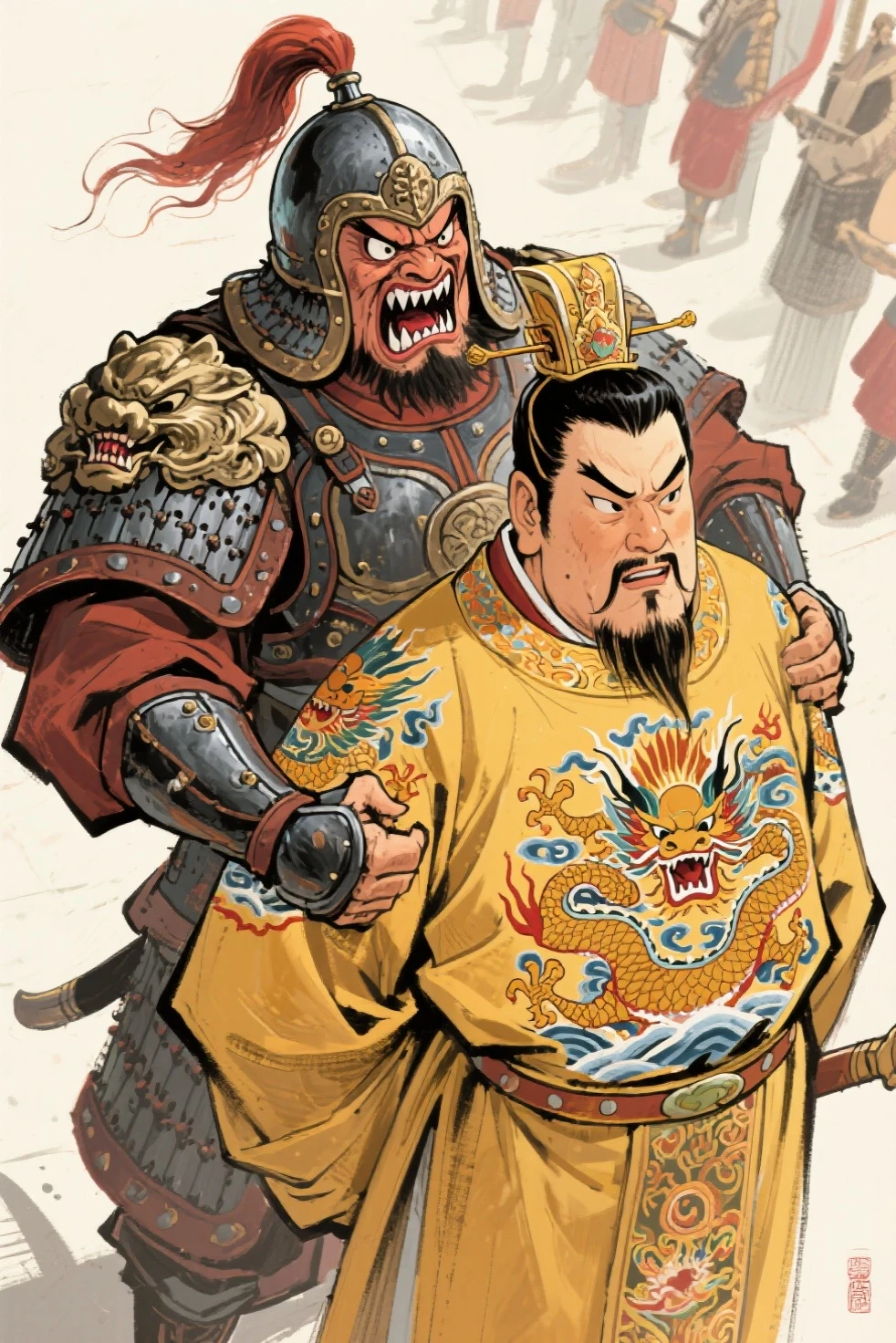 A bodyguard guarded the emperor,Exaggerated painting style,smilling face