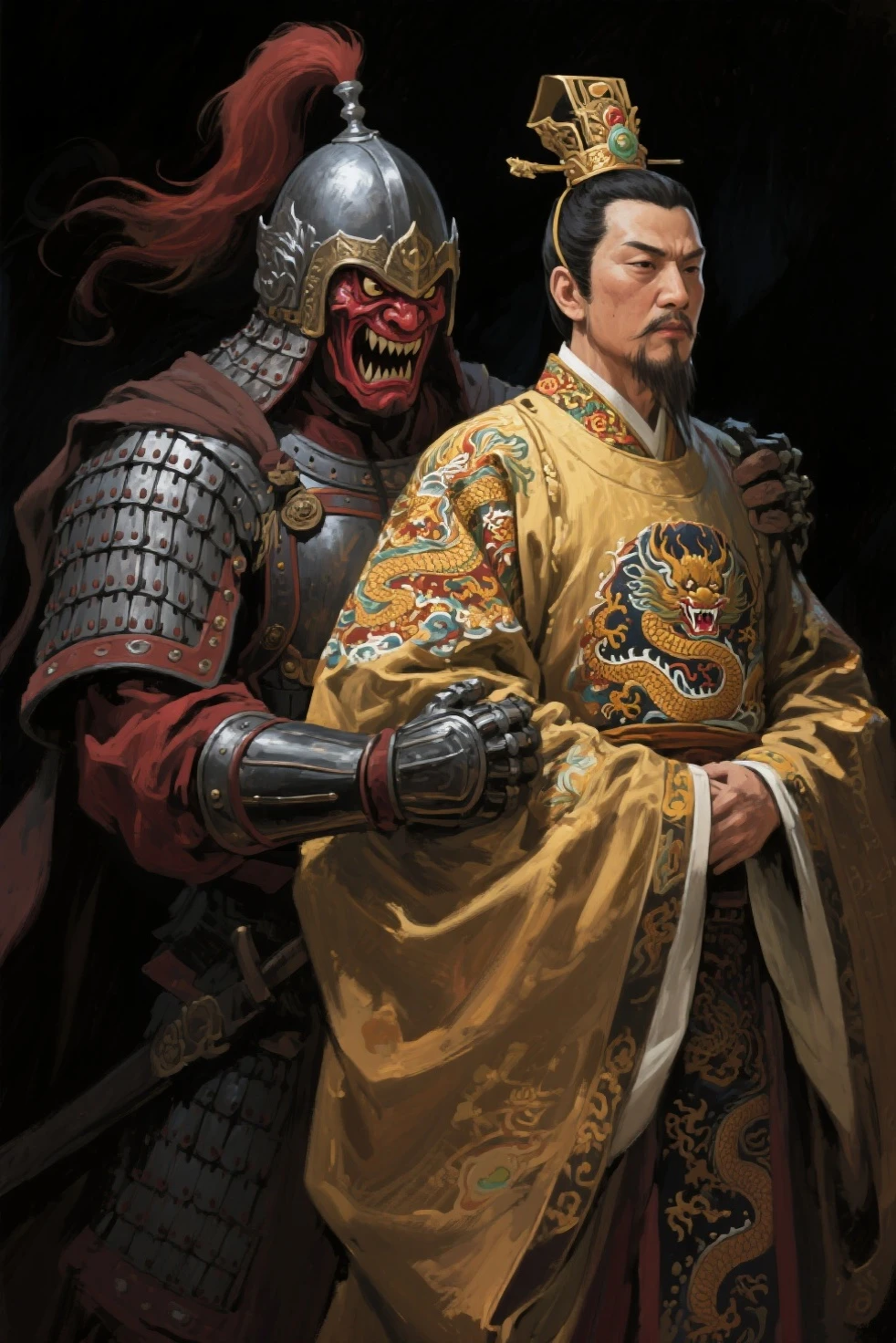 A bodyguard guarded the emperor,Exaggerated painting style,smilling face