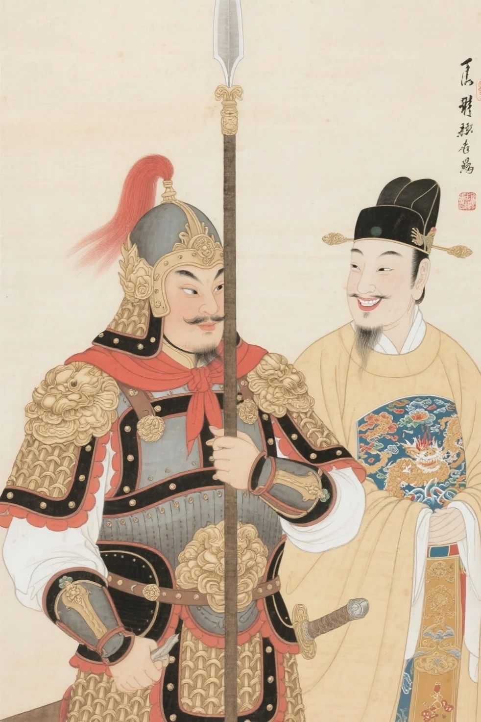 A bodyguard guarded the emperor,Exaggerated painting style,smilling face