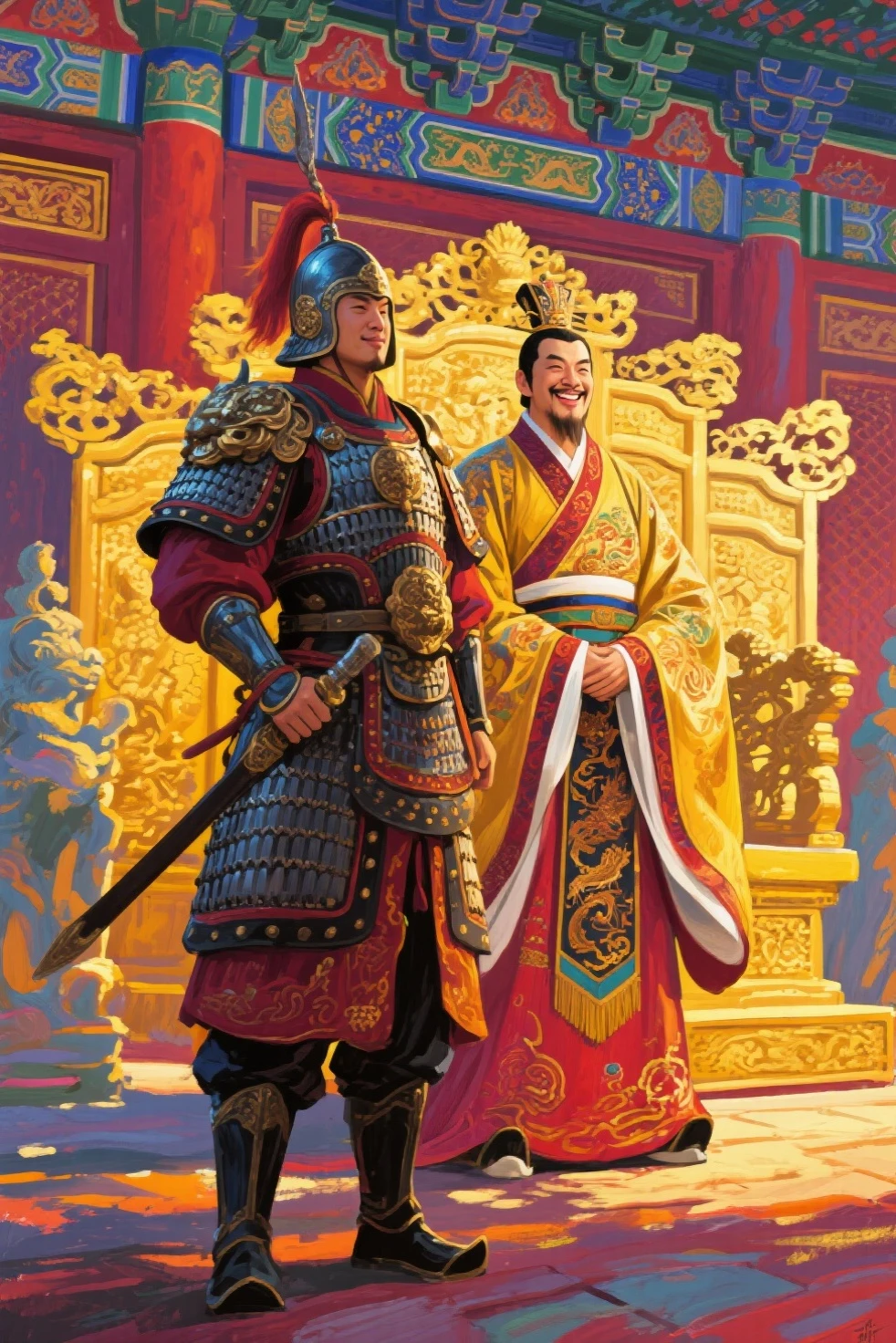 A bodyguard guarded the emperor,Exaggerated painting style,smilling face