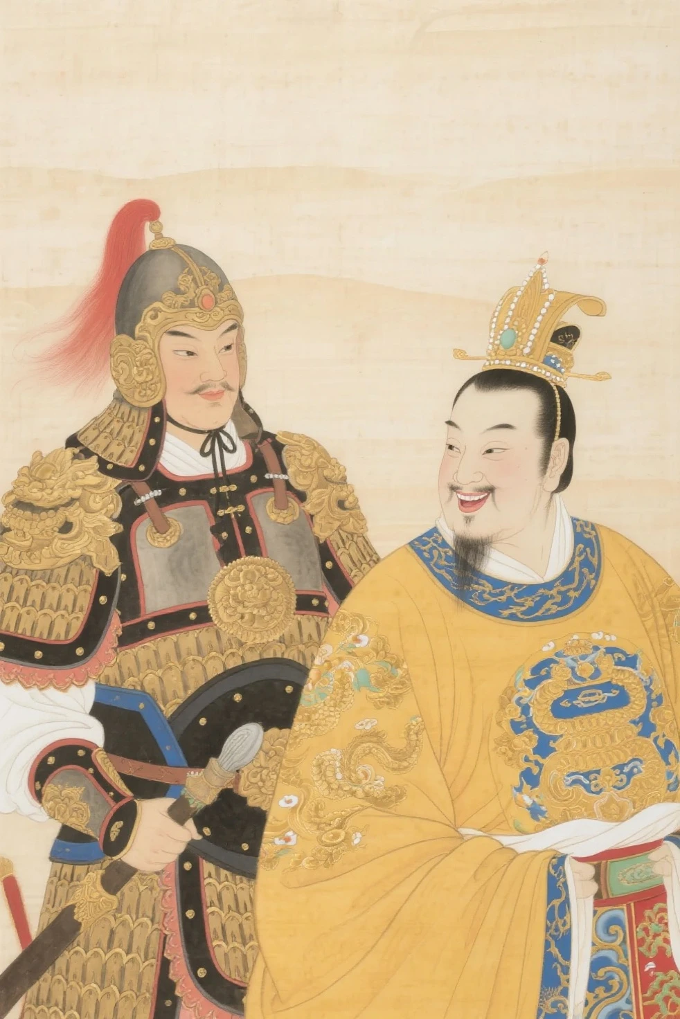 A bodyguard guarded the emperor,Exaggerated painting style,smilling face