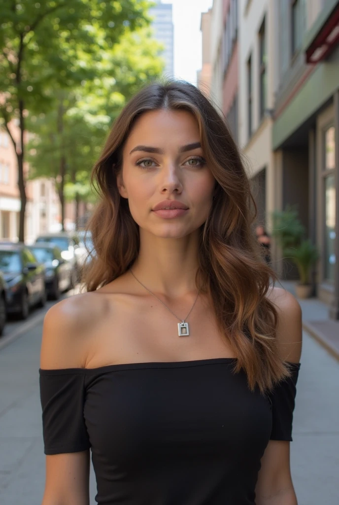 She wears a delicate necklace, a small pendant on the collarbone . Her long , the wavy hair cascades down from her shoulders , complements her sleek , The off-the-shoulder black . the piece exudes a subtle sheen , suggesting a smooth texture , , fits her elegantly . the trees cast soft shadows , indicating the position of the sun , adding a touch of sophistication to her casual look . the street is relatively empty , a young woman stands on a city street lined with trees and modern buildings {x} several people can be seen in the background , and there are a few parked cars . the lighting suggests it is daytime , in a contemporary urban setting . setting , Lighthearted atmosphere, capturing a sophisticated moment .