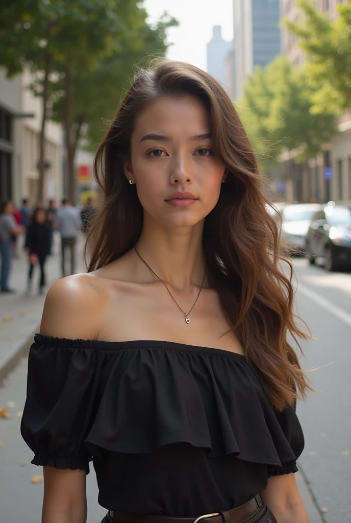 She wears a delicate necklace, a small pendant on the collarbone . Her long , the wavy hair cascades down from her shoulders , complements her sleek , The off-the-shoulder black . the piece exudes a subtle sheen , suggesting a smooth texture , , fits her elegantly . the trees cast soft shadows , indicating the position of the sun , adding a touch of sophistication to her casual look . the street is relatively empty , a young woman stands on a city street lined with trees and modern buildings {x} several people can be seen in the background , and there are a few parked cars . the lighting suggests it is daytime , in a contemporary urban setting . setting , Lighthearted atmosphere, capturing a sophisticated moment .