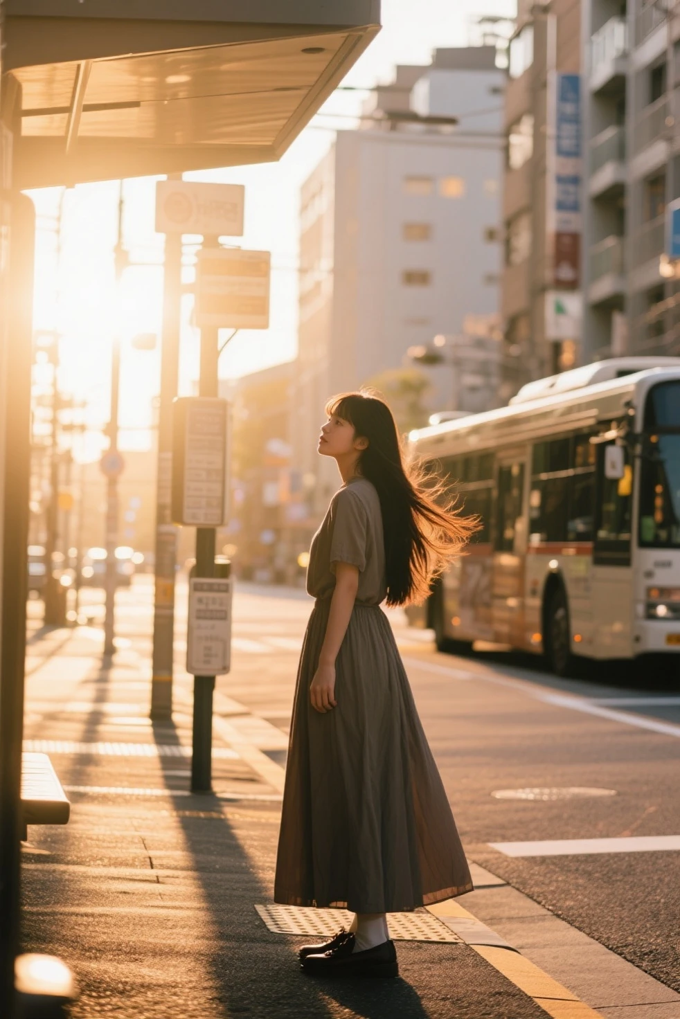beautiful girl,Stand on the street and wait for the bus,long dress,hair