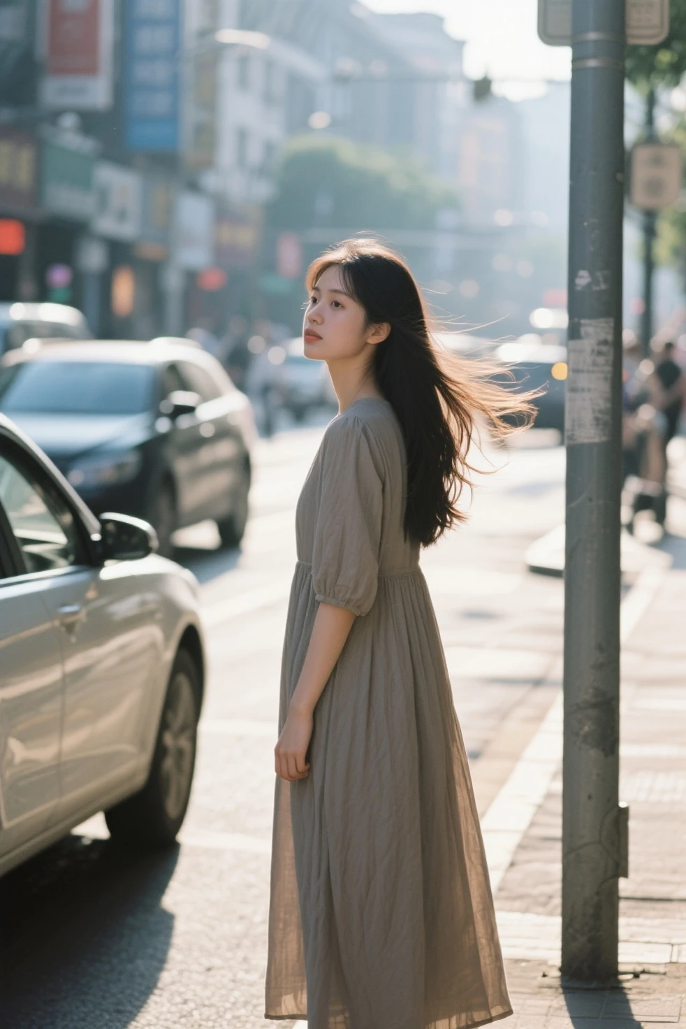 beautiful girl,Stand on the street and wait for the bus,long dress,hair