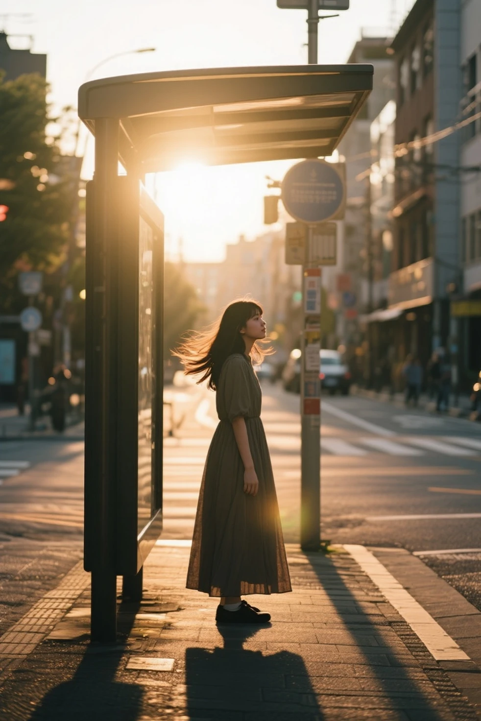 beautiful girl,Stand on the street and wait for the bus,long dress,hair