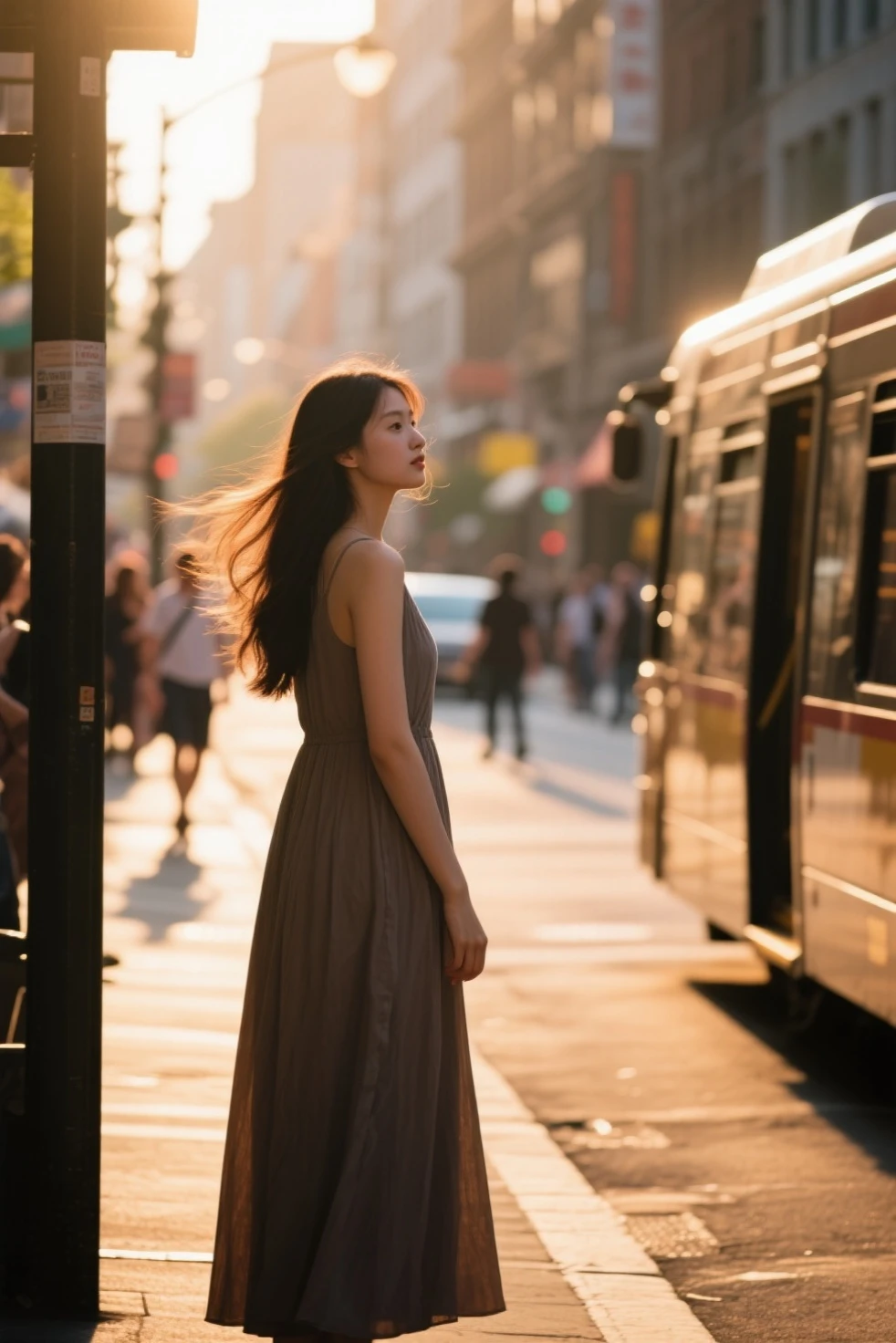 beautiful girl,Stand on the street and wait for the bus,long dress,hair