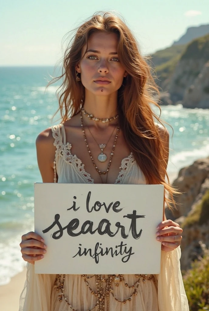 Beautiful girl with wavy long hair,Dressed in a bohemian style,Holding a whiteboard with the words "I Love SeaArt Infinity",and show the audience