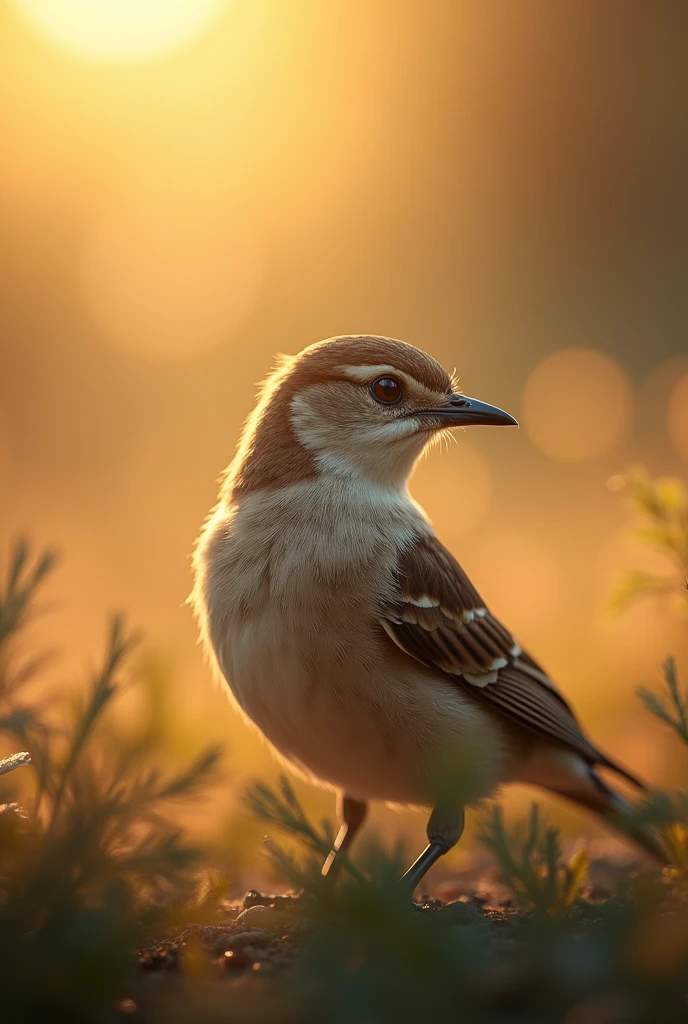 A charming close-up portrait,Showing a beautiful bird,Illuminated by soft golden light on a quiet morning,The bokeh ball gently frames its petite body