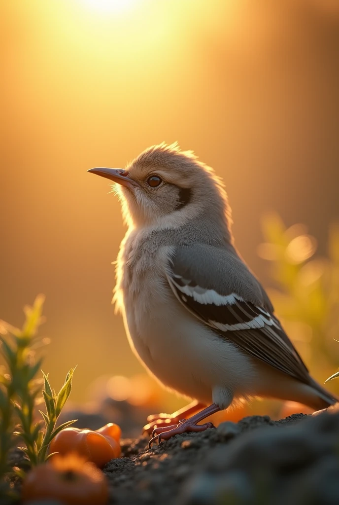A charming close-up portrait,Showing a beautiful bird,Illuminated by soft golden light on a quiet morning,The bokeh ball gently frames its petite body