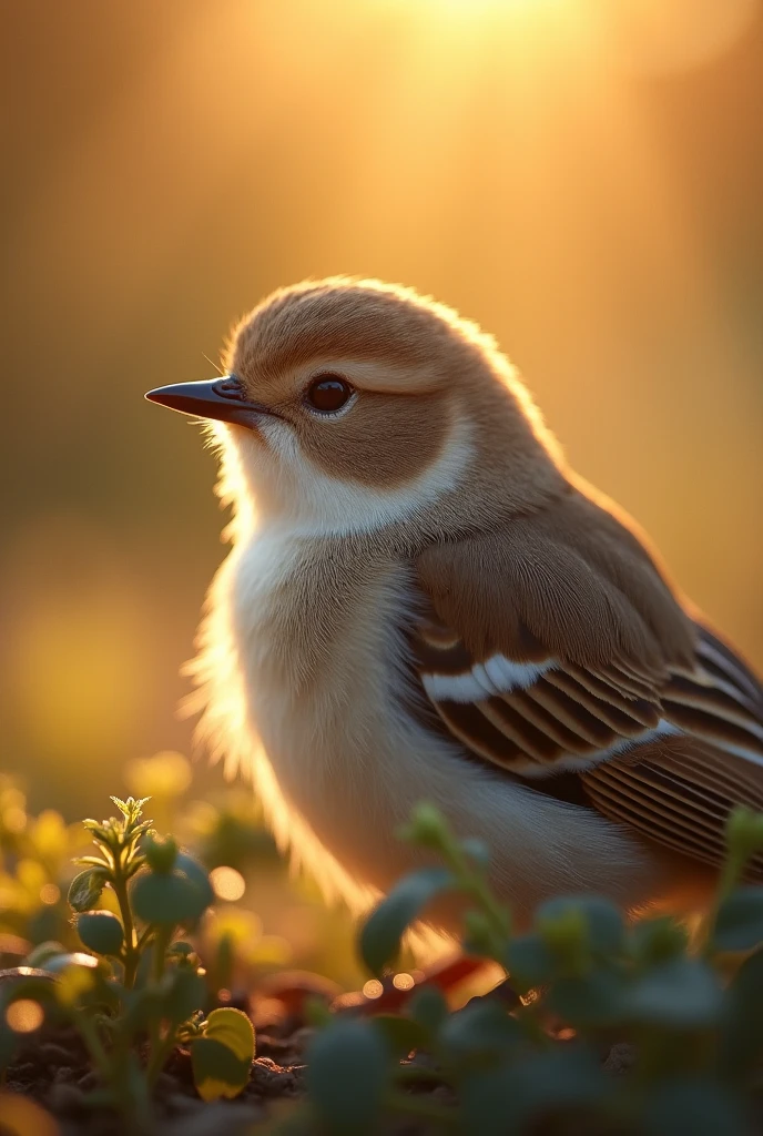 A charming close-up portrait,Showing a beautiful bird,Illuminated by soft golden light on a quiet morning,The bokeh ball gently frames its petite body