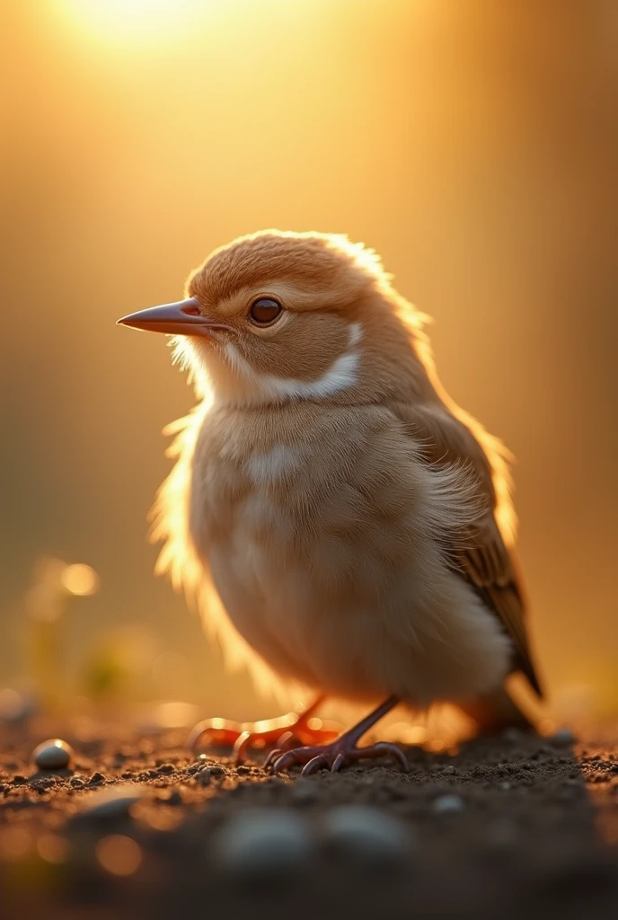 A charming close-up portrait,Showing a beautiful bird,Illuminated by soft golden light on a quiet morning,The bokeh ball gently frames its petite body