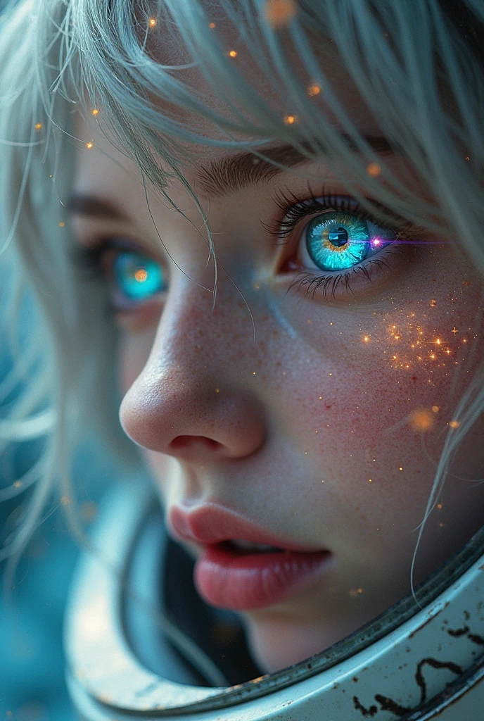 (Close-up of a masterpiece:1.5)0.9]，(Space and astronauts:1.2) (Messy silver hair:1.1) (Heterochromia yellow blue eyes:1.2) (Casque spatial:1.0) (Colorful stars in the eyes:1.0) (Dazzling light:1.1) (Thick lip:0.9)