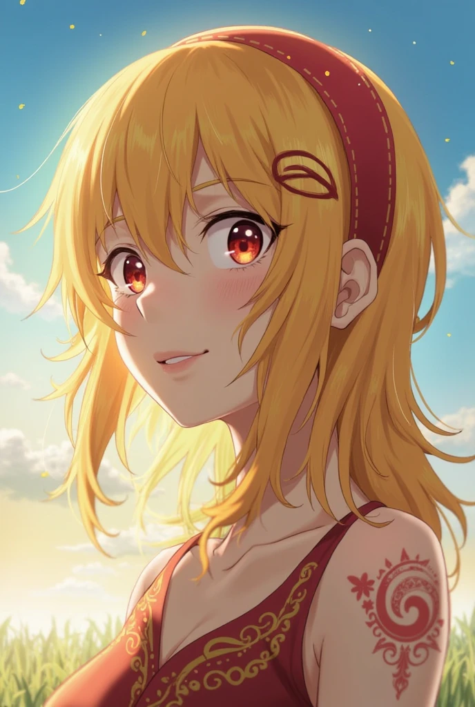 masterpiece, best quality, best quality, ( intricate :1.2), pretty eyes, 1girl, alone, exteriors, blue sky, The cloudy, Bokeh, lens flare glow, anamorphic lens flare glow, Depth of field , alluring face, Seductive smile, henna_screwed up, Yellow hair, red headband,