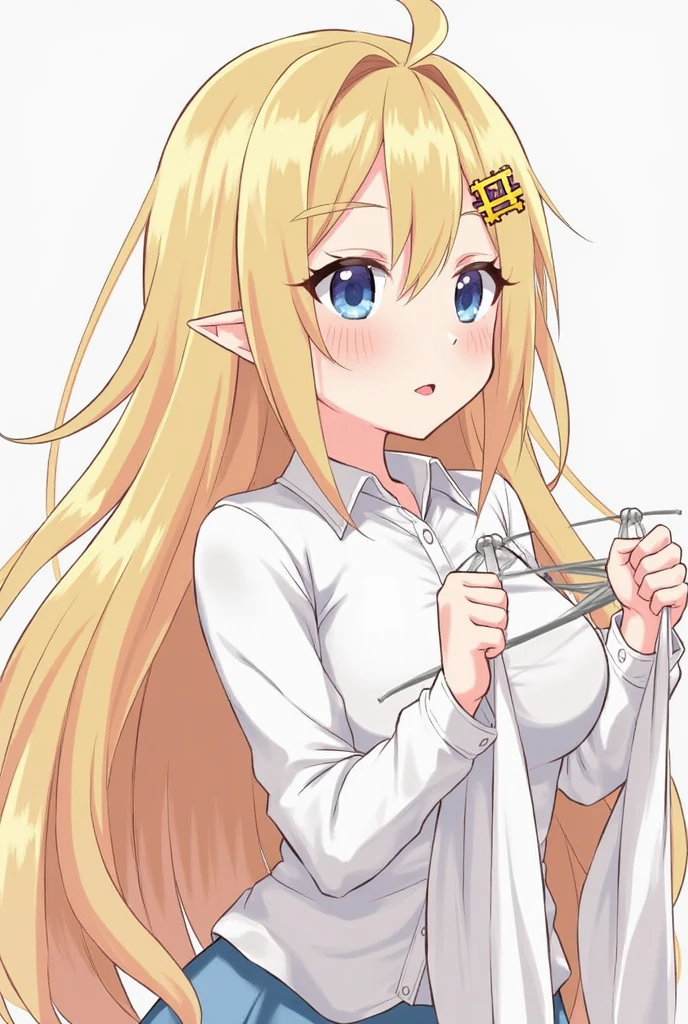 1girl, Blonde Hair, pointy ears , Blue Eyes, clothes lift, alone, hair adornments, hair pin, long hair, shirt by yourself and lift the , woven, watch the audience, cparted lips, Lift the , cavalos, upper body, navel, daysies,white shirt ,