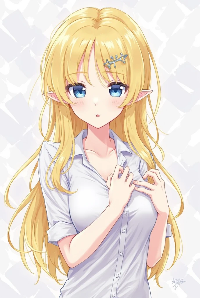 1girl, Blonde Hair, pointy ears , Blue Eyes, clothes lift, alone, hair adornments, hair pin, long hair, shirt by yourself and lift the , woven, watch the audience, cparted lips, Lift the , cavalos, upper body, navel, daysies,white shirt ,