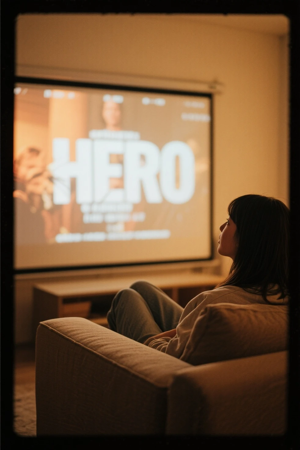 A girl is watching a called《hero》of movie